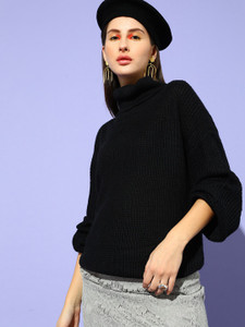 STREET9 Self Design Round Neck Casual Women Black Sweater