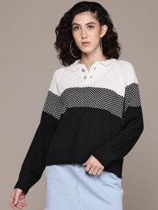 Roadster Colorblock Off Shoulder Casual Women Black Sweater