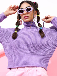 Tokyo Talkies Woven Turtle Neck Casual Women Purple Sweater