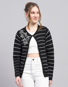 MONTE CARLO Striped Round Neck Casual Women Black Sweater