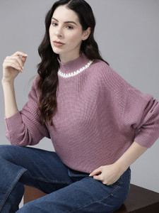 Roadster Embroidered Turtle Neck Casual Women Purple Sweater