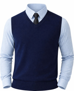 LE ARC Solid V Neck Casual Men Blue Sweater