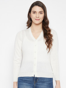 Zigo Solid V Neck Casual Women White Sweater