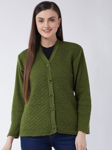 Pivl Woven V Neck Casual Women Green Sweater