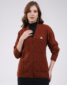 MONTE CARLO Self Design V Neck Casual Women Brown Sweater