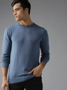 Roadster Solid Round Neck Casual Men Blue Sweater
