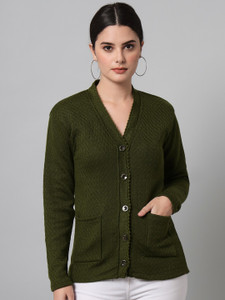 eWools Solid V Neck Casual Women Green Sweater