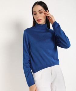 PROVOGUE Solid Turtle Neck Casual Women Blue Sweater
