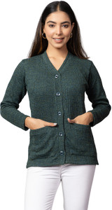 hifzaa Solid V Neck Casual Women Dark Green Sweater