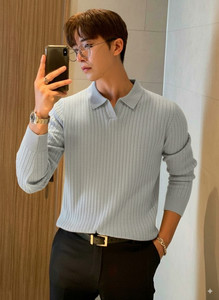 Pivl Striped Collared Neck Casual Men Grey Sweater