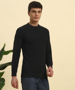 HERMISTON Striped, Self Design Crew Neck Casual Men Black Sweater