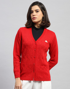 MONTE CARLO Woven V Neck Casual Women Red Sweater