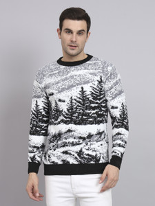 eWools Printed Round Neck Casual Men Black Sweater