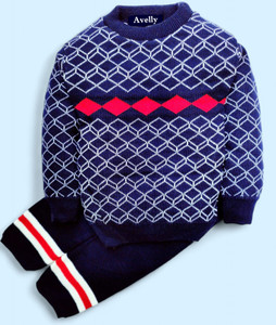 Avelly Printed Round Neck Casual Baby Boys Dark Blue, Red, White Sweater