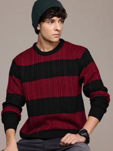 Roadster Striped Round Neck Casual Men Red Sweater