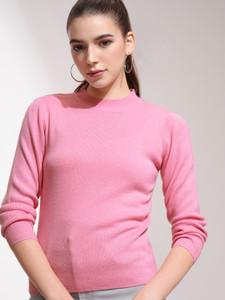 Tokyo Talkies Solid Crew Neck Casual Women Pink Sweater