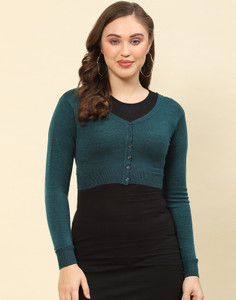 MONTE CARLO Solid V Neck Casual Women Green, Black Sweater