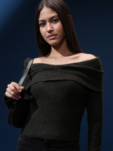 Tokyo Talkies Self Design Off Shoulder Casual Women Black Sweater