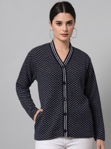 eWools Printed V Neck Casual Women Dark Blue Sweater