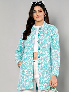 eWools Floral Print Round Neck Casual Women Blue Sweater