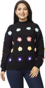 Lasoon Embroidered High Neck Casual Women Black Sweater
