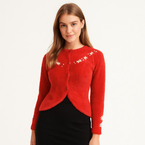 Femme fashion Self Design Round Neck Casual Women Red Sweater