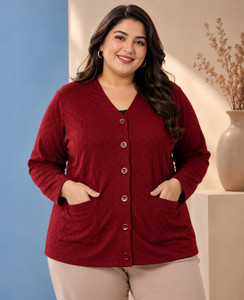 LE ARC Self Design V Neck Casual Women Maroon Sweater