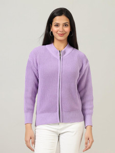 WOOLBERRY Self Design High Neck Casual Women Purple Sweater