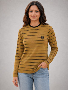 ROYAL ICEBERG Striped Round Neck Casual Women Yellow Sweater