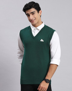 MONTE CARLO Solid V Neck Casual Men Green Sweater