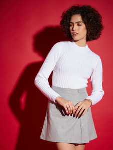 SASSAFRAS Woven High Neck Casual Women White Sweater
