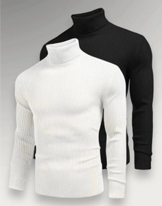Jalapeno Solid High Neck Casual Men Black, White Sweater