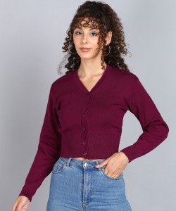 Kiyansh Creation Solid V Neck Casual Women Purple Sweater