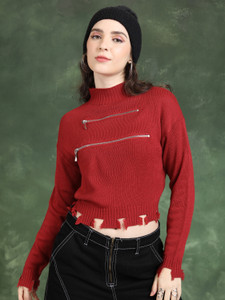 Tokyo Talkies Solid High Neck Casual Women Red Sweater