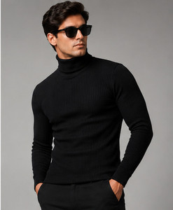LAWAIZAGARMENTS Self Design High Neck Formal Men Black Sweater