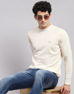 MONTE CARLO Solid Round Neck Casual Men Beige Sweater