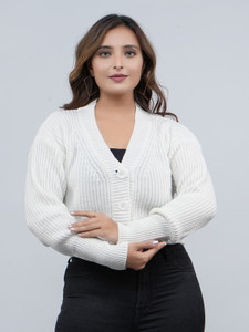 FEVERFEW Self Design V Neck Party Women White Sweater
