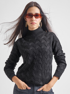 Tokyo Talkies Self Design Round Neck Casual Women Black Sweater