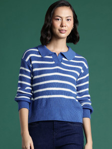 Dressberry Striped Square Neck Casual Women Blue Sweater Buy