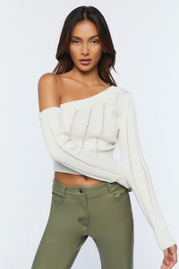 FOREVER 21 Self Design Off Shoulder Casual Women White Sweater