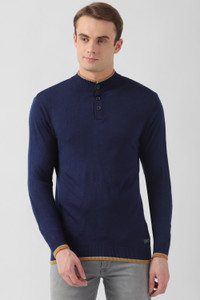 PETER ENGLAND Solid High Neck Casual Men Dark Blue Sweater