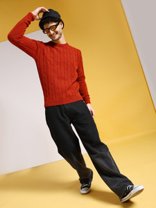 The Indian Garage Co. Solid Crew Neck Casual Men Orange Sweater