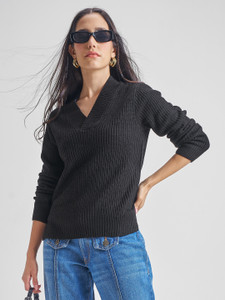 Tokyo Talkies Striped V Neck Casual Women Black Sweater