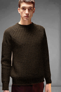 FASHLOOK Self Design Round Neck Casual Men Brown Sweater
