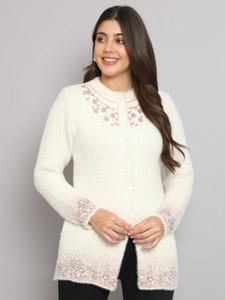 eWools Floral Print Collared Neck Casual Women White Sweater