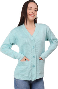 WoolCraft Solid V Neck Casual Women Blue Sweater