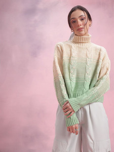 Dressberry Self Design Turtle Neck Casual Women Green Sweater
