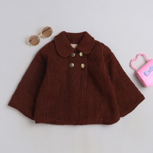 Yellow Apple Self Design Collared Neck Casual Girls Brown Sweater