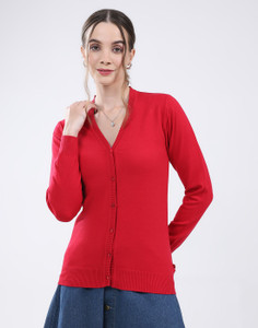 MONTE CARLO Solid, Self Design V Neck Casual Women Red Sweater