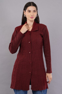 CURIOUS FASHION Self Design Collared Neck Casual Women Maroon Sweater
